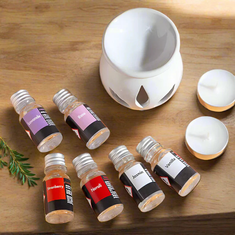 Coffret Aromathérapie – 12 Huiles Parfumées + Brûleur Céramique + Bougies