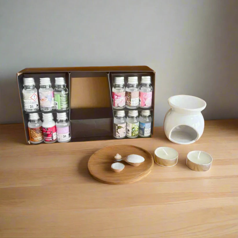 Coffret Aromathérapie – 12 Huiles Parfumées + Brûleur Céramique + Bougies