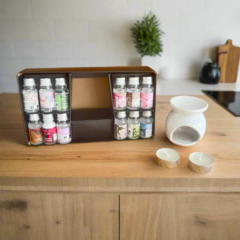 Coffret Aromathérapie – 12 Huiles Parfumées + Brûleur Céramique + Bougies