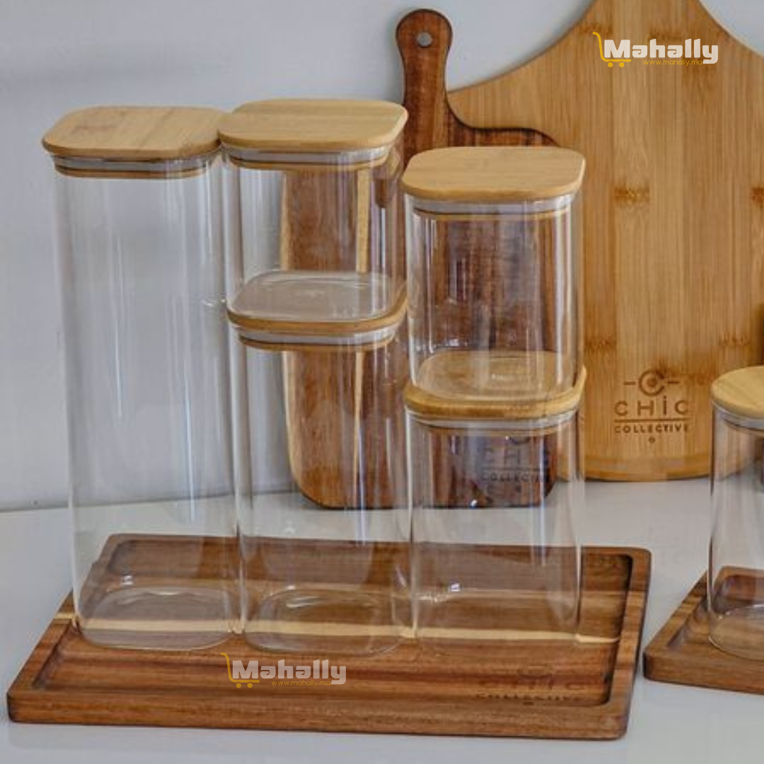 Pack de 5 bocaux en verre avec couvercle en bambou