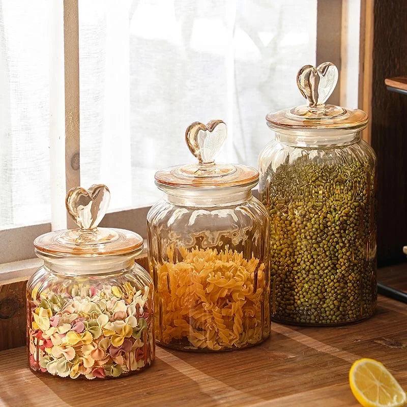 Ensemble de 3 Bocaux en Verre avec Bouchon en Forme de Cœur