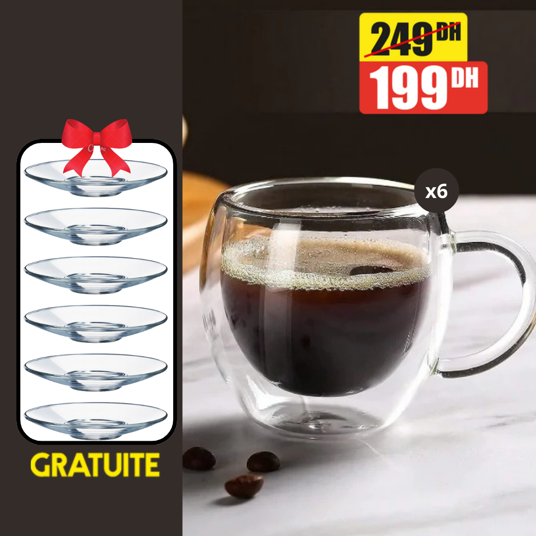 Lot de 6 Verres Double Paroi 80ml avec 6 Sous-tasses Transparents Offertes - Mahally.ma