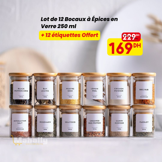 Lot de 12 Bocaux à Épices en Verre 250 ml