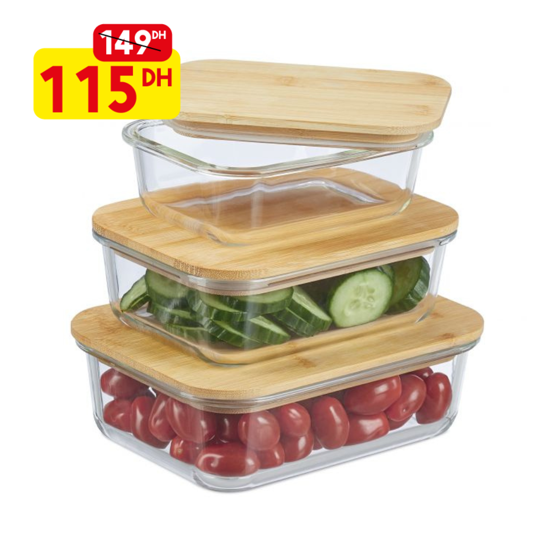 lot de 3 Boîtes de rangement rectangulaire verre/bambou - Mahally.ma
