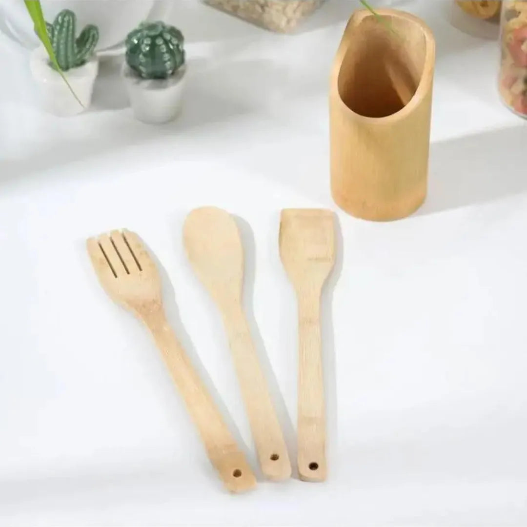 Ensemble de 3 Spatules en Bois avec Bambou et 1 Support - Mahally.ma
