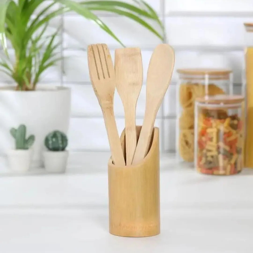Ensemble de 3 Spatules en Bois avec Bambou et 1 Support - Mahally.ma
