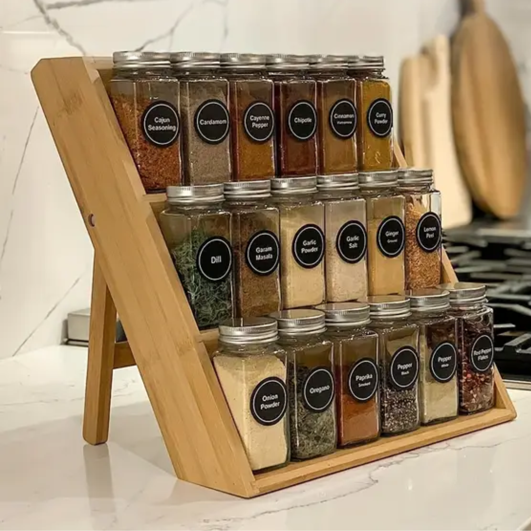 Lot de 15 Pots à Épices en Verre avec Couvercle en Bambou 120ml avec support