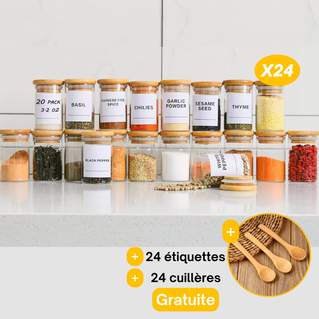 lot de 24 bocaux en verre avec couvercle hermétique en bambou 450ml + 2 Cadeaux