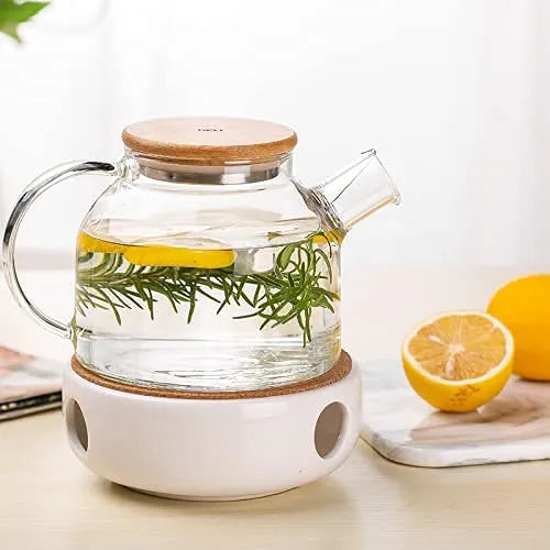 Théière en verre résistant à la chaleur avec couvercle en bois