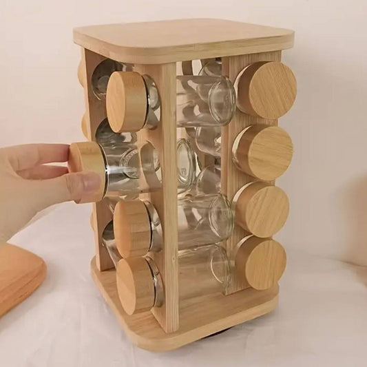 Ensemble de 16 pots en Verre avec Support Rotatif en Bambou