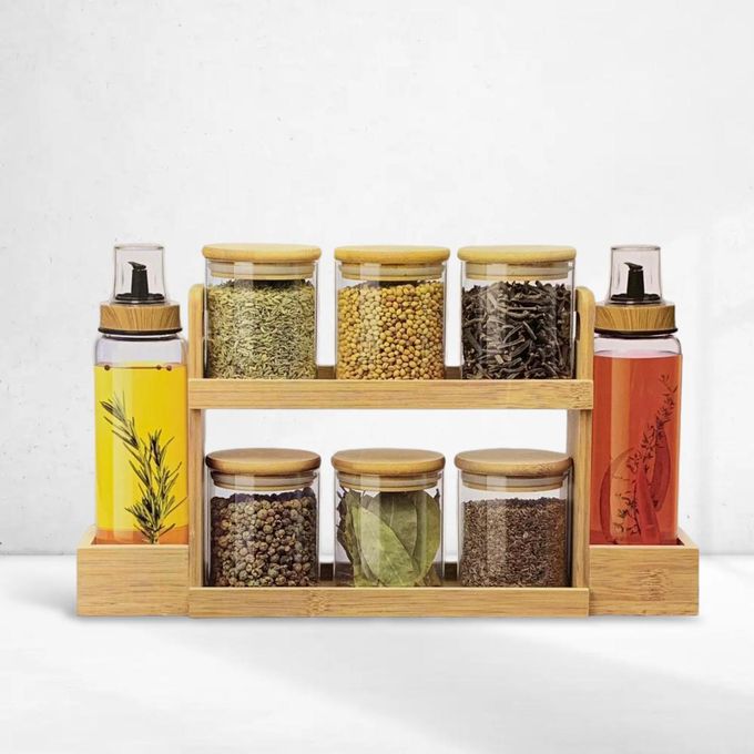 Ensemble de 6 Pots à Épices et 2 Distributeurs d'Huile avec Support en bois