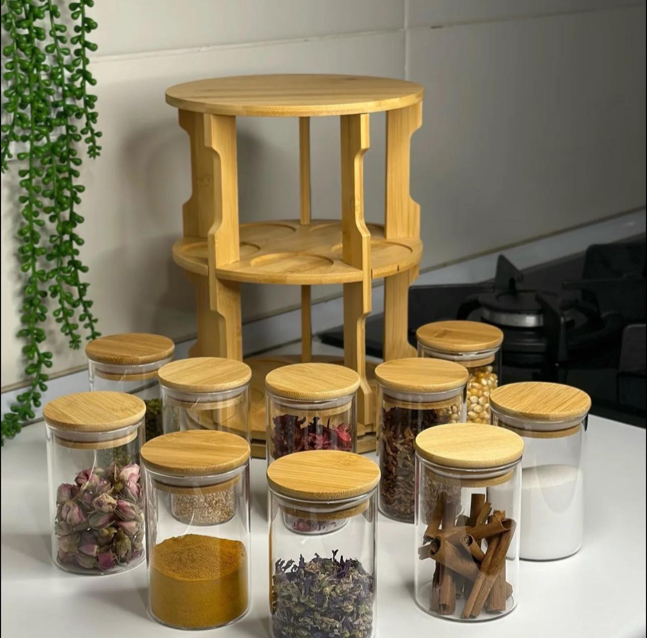 Ensemble de 10 Bocaux en Verre avec Support Rotatif en Bambou - Mahally.ma