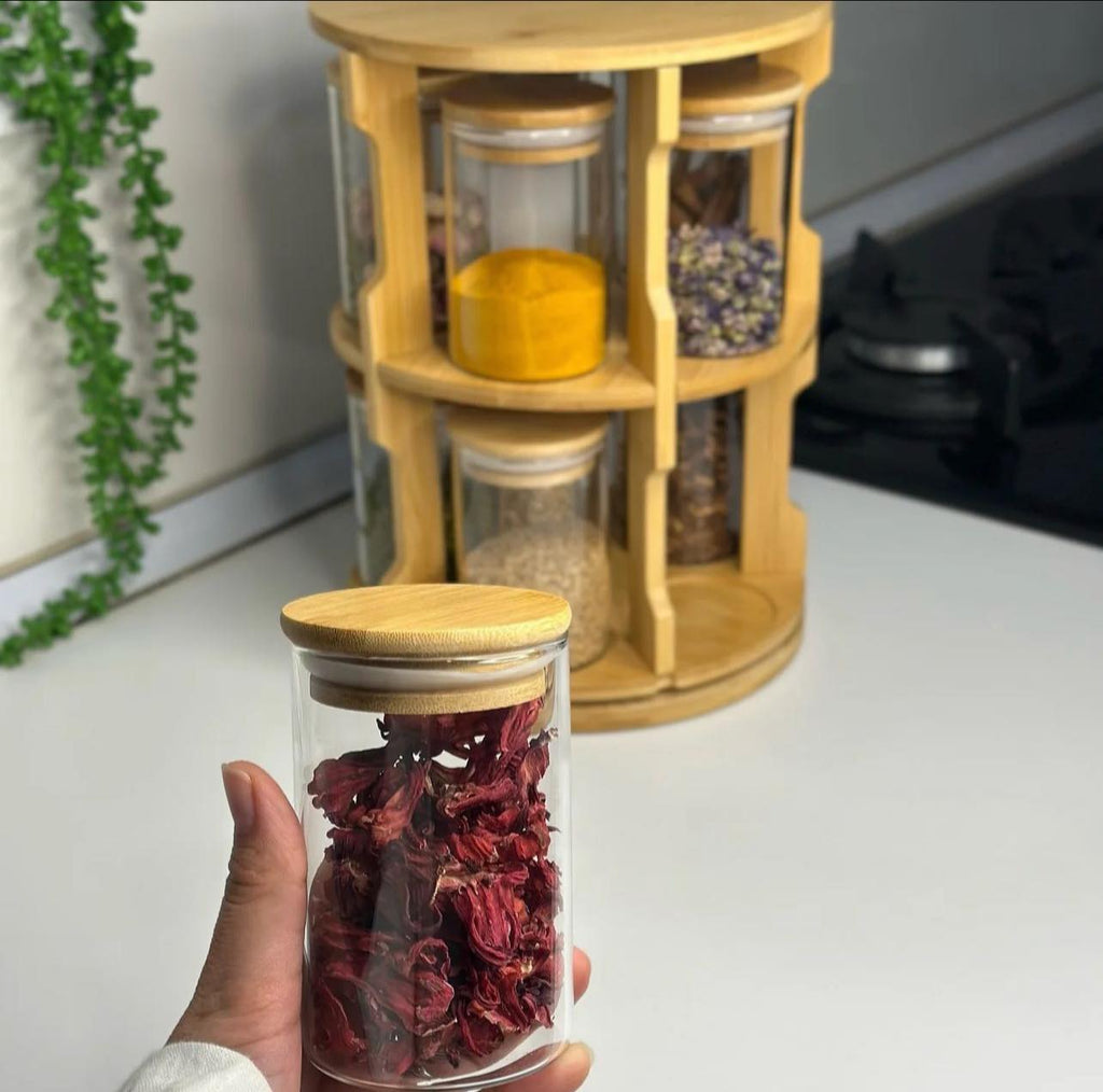 Ensemble de 10 Bocaux en Verre avec Support Rotatif en Bambou - Mahally.ma