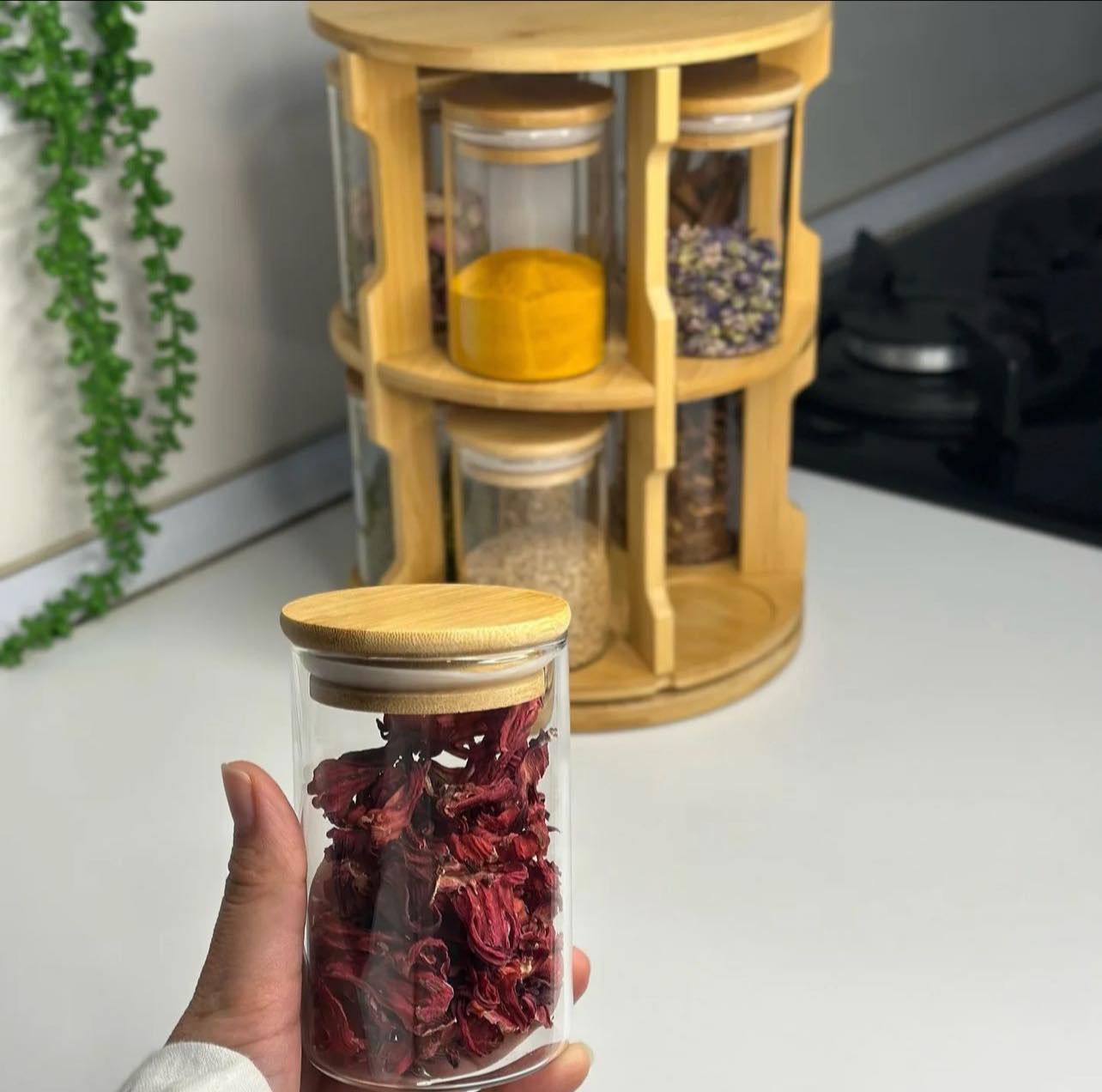 Ensemble de 10 Bocaux en Verre avec Support Rotatif en Bambou - Mahally.ma