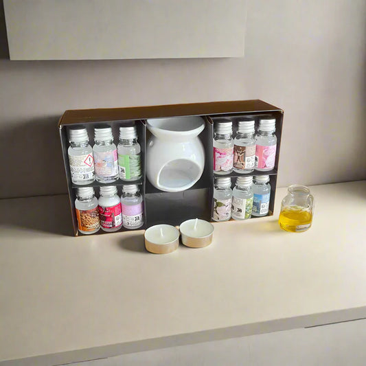 Coffret Aromathérapie – 12 Huiles Parfumées + Brûleur Céramique + Bougies