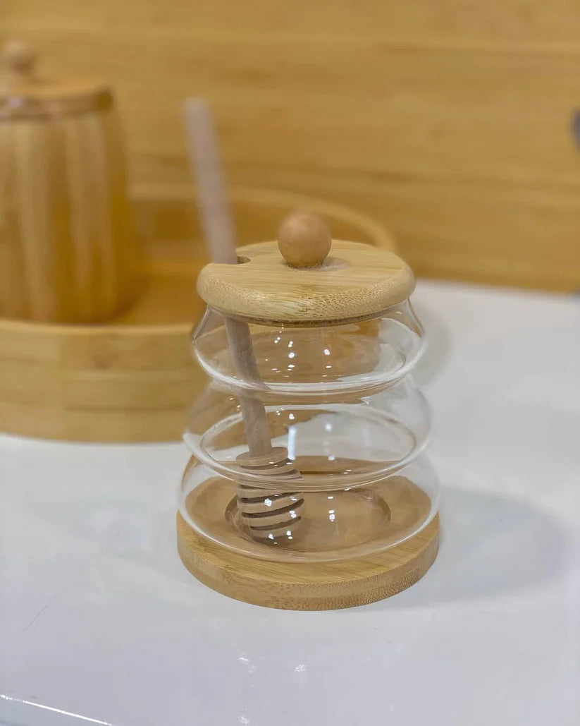Pot À Miel En Verre Et Bois 350mL - Mahally.ma