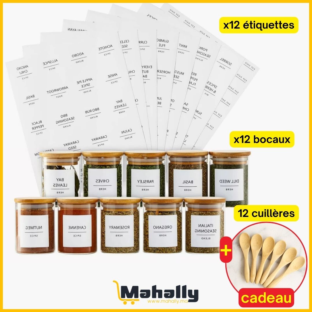 Lot de 12 Bocaux en Verre Hermétiques 450ml + Cuillères & Étiquettes