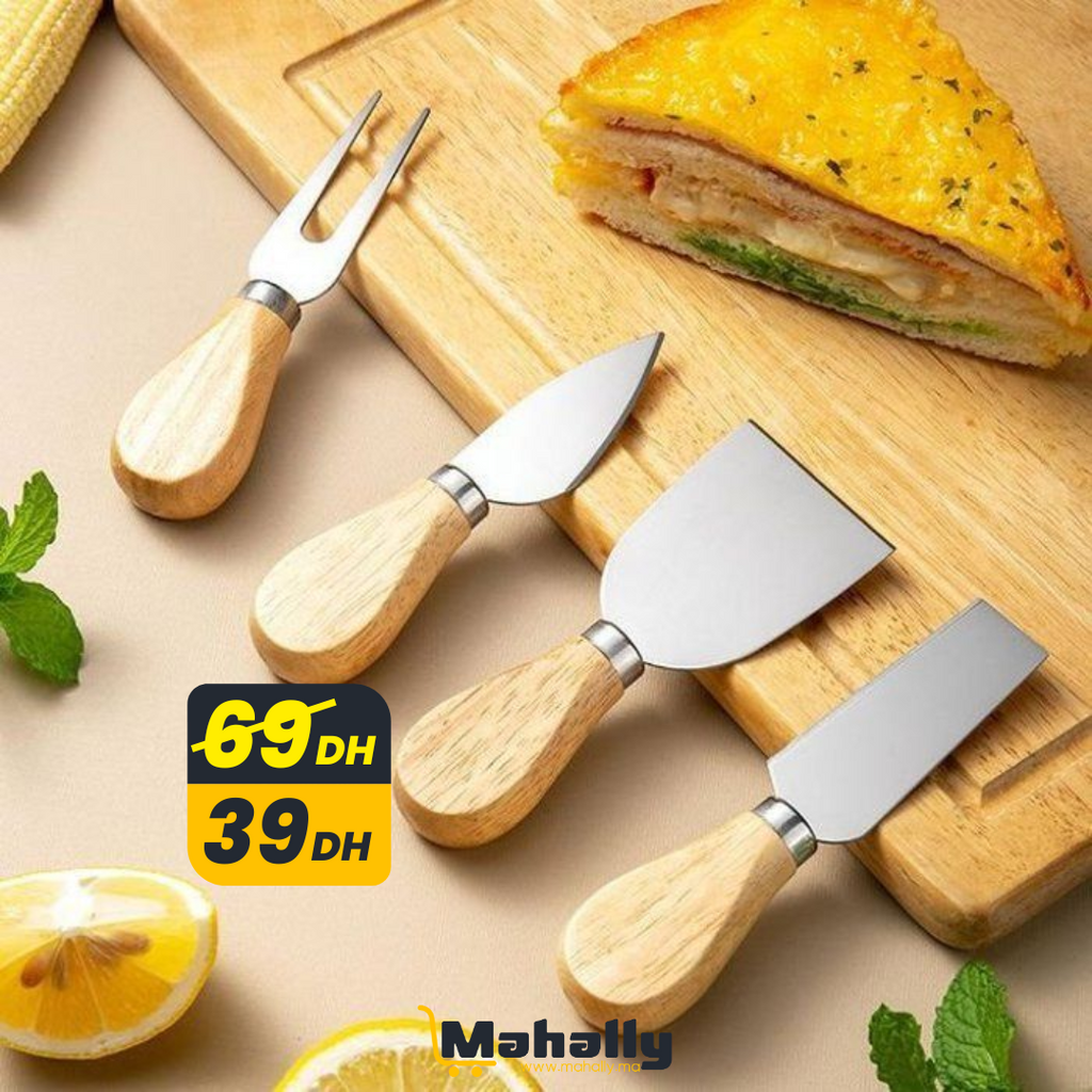 Set de 4 Couteaux à Fromage avec Manche en Bois - Mahally.ma