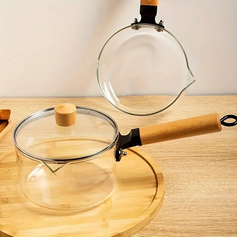 Casserole en Verre Borosilicate 1,8L avec Poignée en Bois et Couvercle Cerf