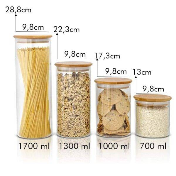 Ensemble de 4 Bocaux Hermétiques avec Couvercles en Bambou 