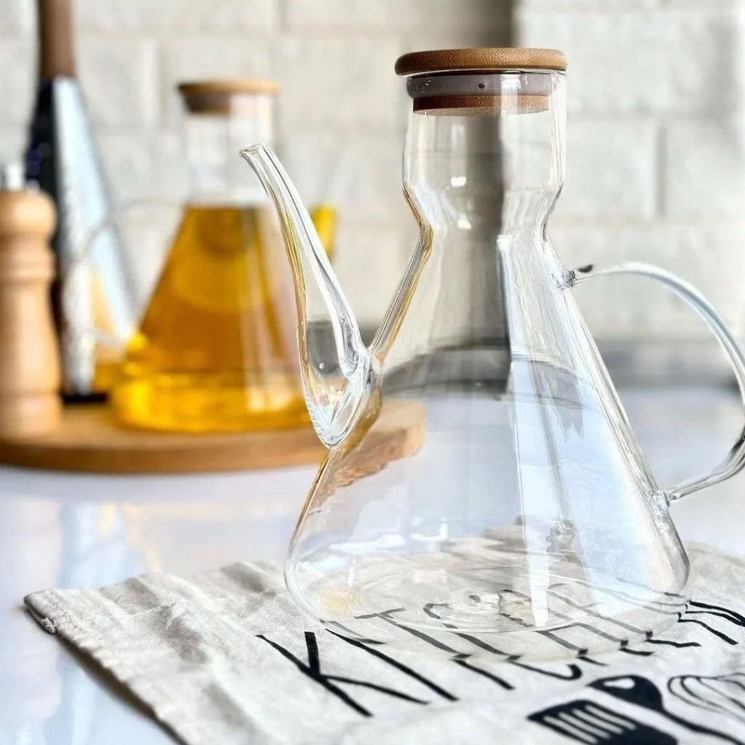 Huilier en borosilicate avec couvercle en bambou - Mahally.ma