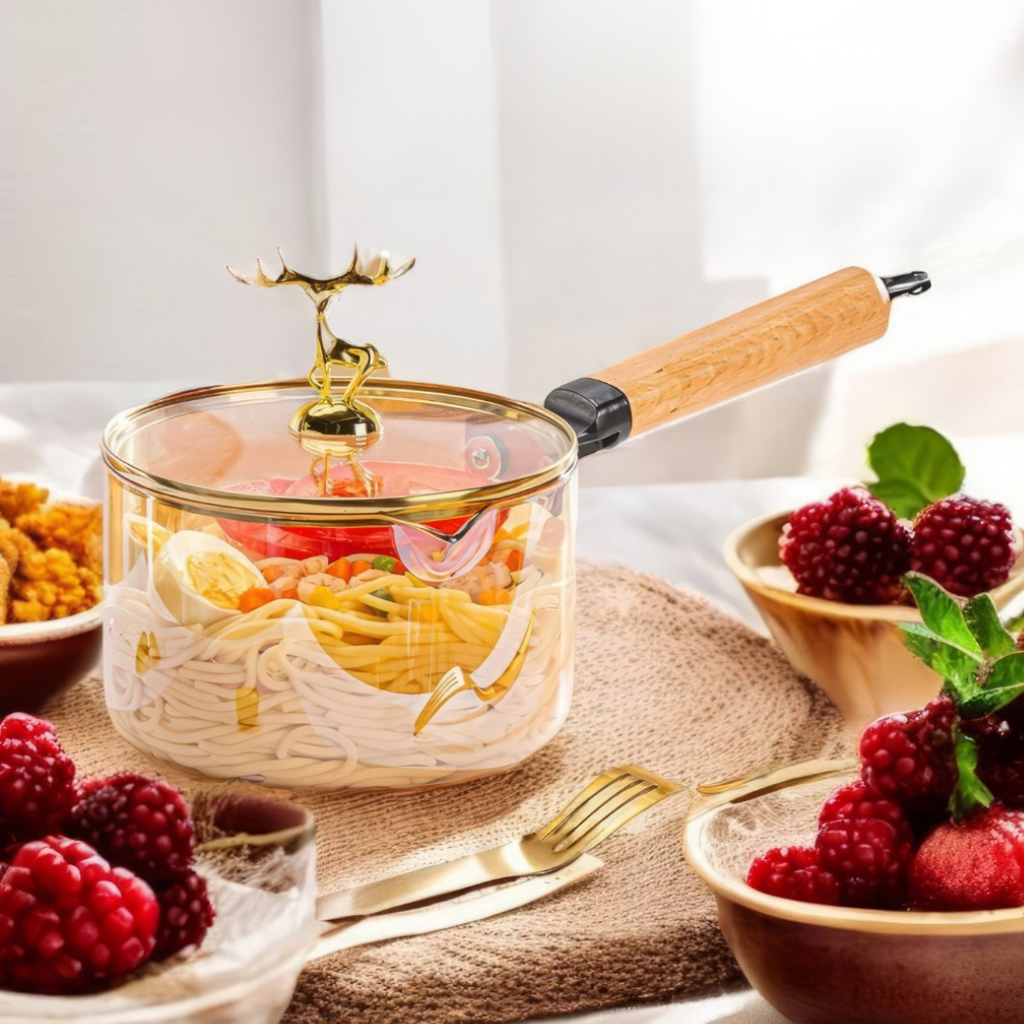Casserole en Verre Borosilicate 1,8L avec Poignée en Bois et Couvercle Cerf