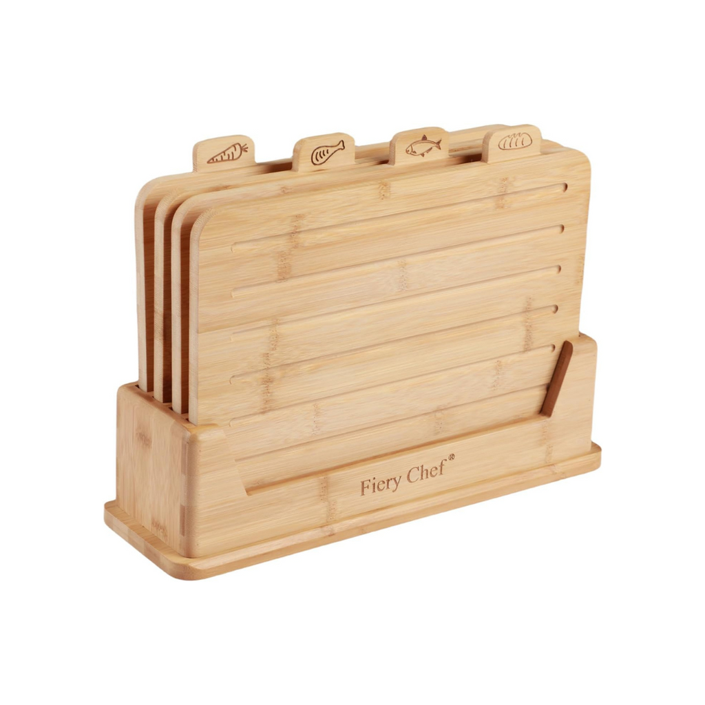 Lot de 4 Planches à Découper en Bambou avec Support