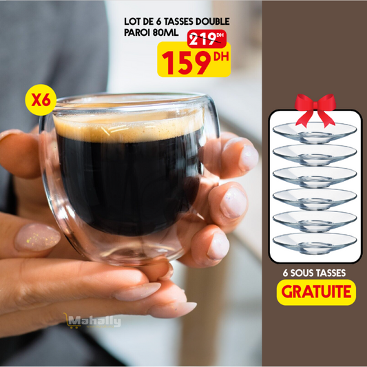 Lot de 6 Verres Double Paroi 80ml avec 6 Sous-tasses Transparents Offertes - Mahally.ma