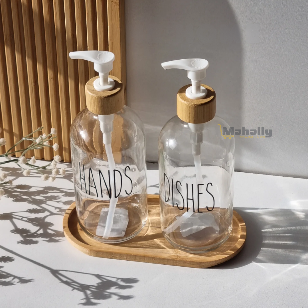 Distributeur de Savon Verre Ambré avec Plateau Bambou