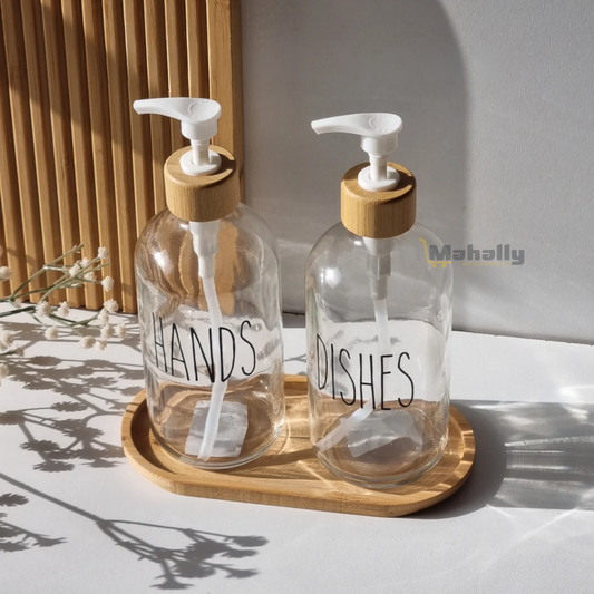 Distributeur de Savon Verre Ambré avec Plateau Bambou