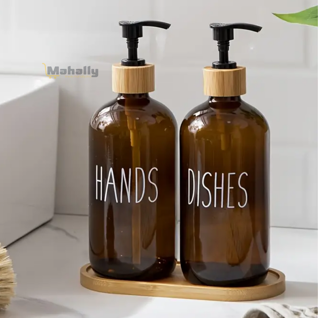 Distributeur de Savon Verre Ambré avec Plateau Bambou