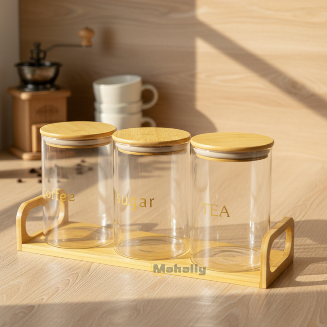 Ensemble Boîtes de Rangement Thé, Café et Sucre en Verre avec Support en Bambou