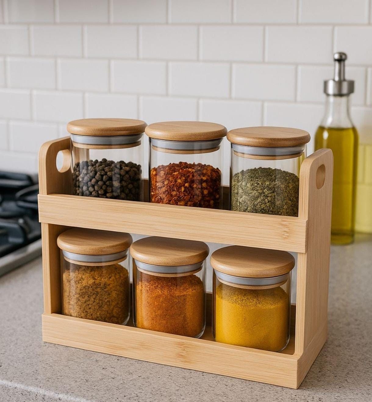 Ensemble Support avec 6 Pots à Épices en Bambou