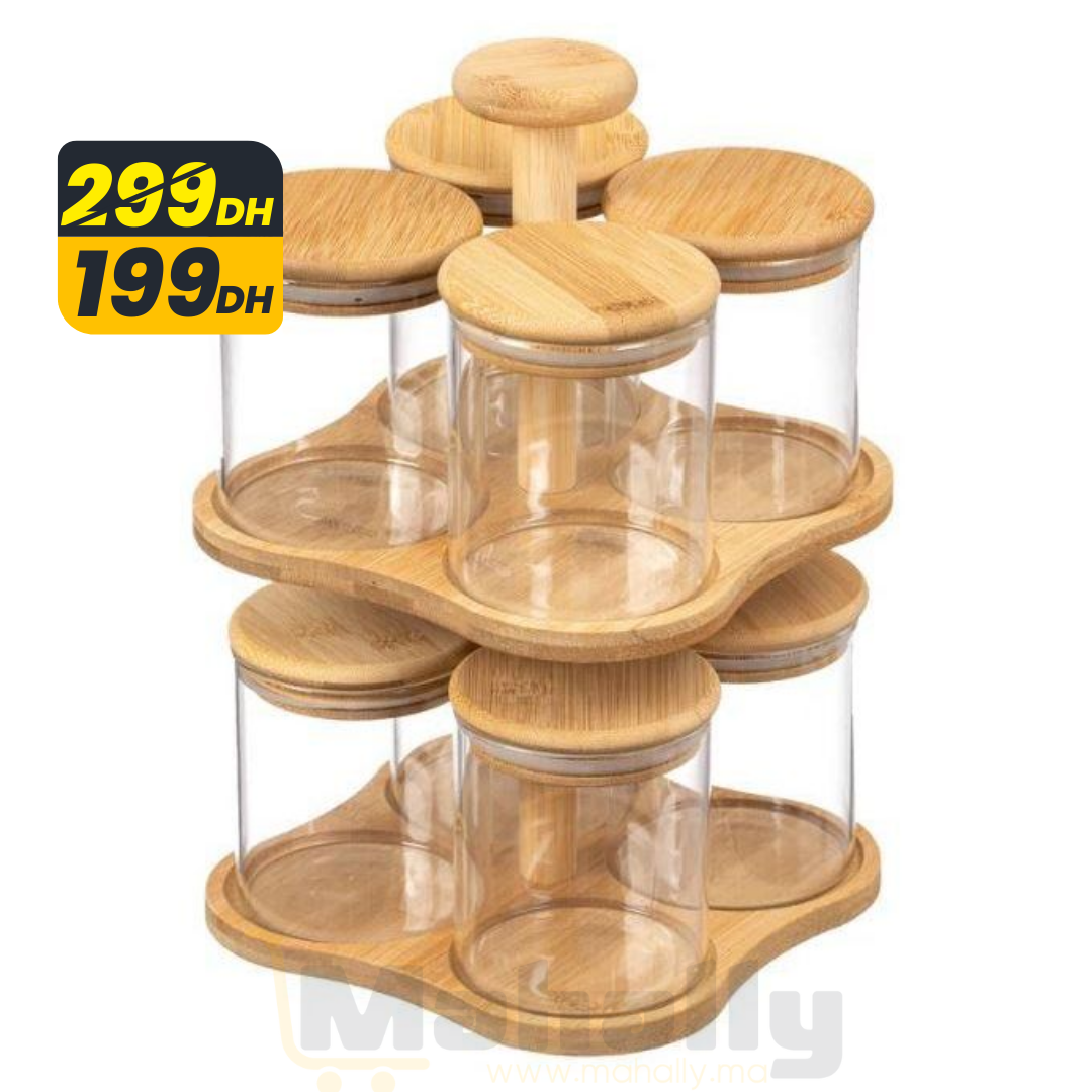 Ensemble 8 Bocaux en Verre avec Support Rotatif en Bambou - Mahally.ma