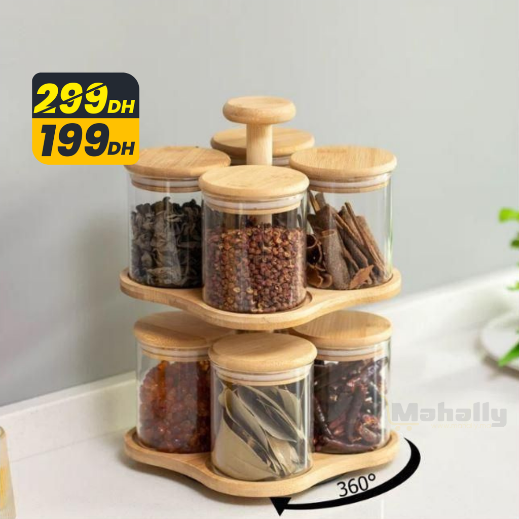 Ensemble 8 Bocaux en Verre avec Support Rotatif en Bambou - Mahally.ma