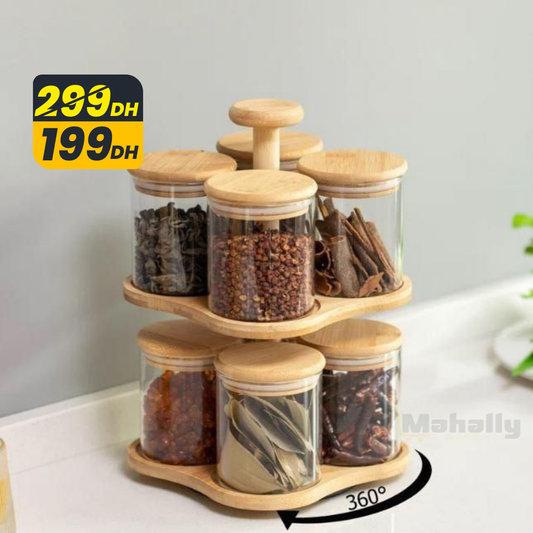 Ensemble 8 Bocaux en Verre avec Support Rotatif en Bambou - Mahally.ma