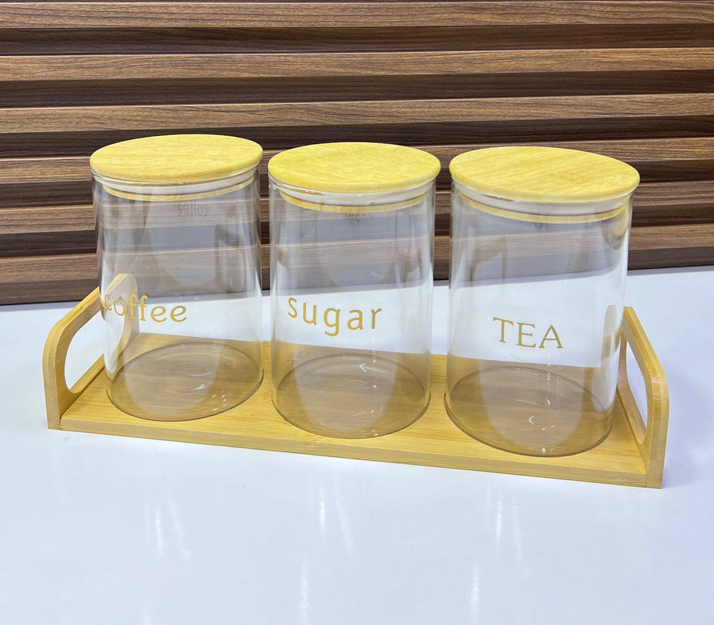 Ensemble Boîtes de Rangement Thé, Café et Sucre en Verre avec Support en Bambou