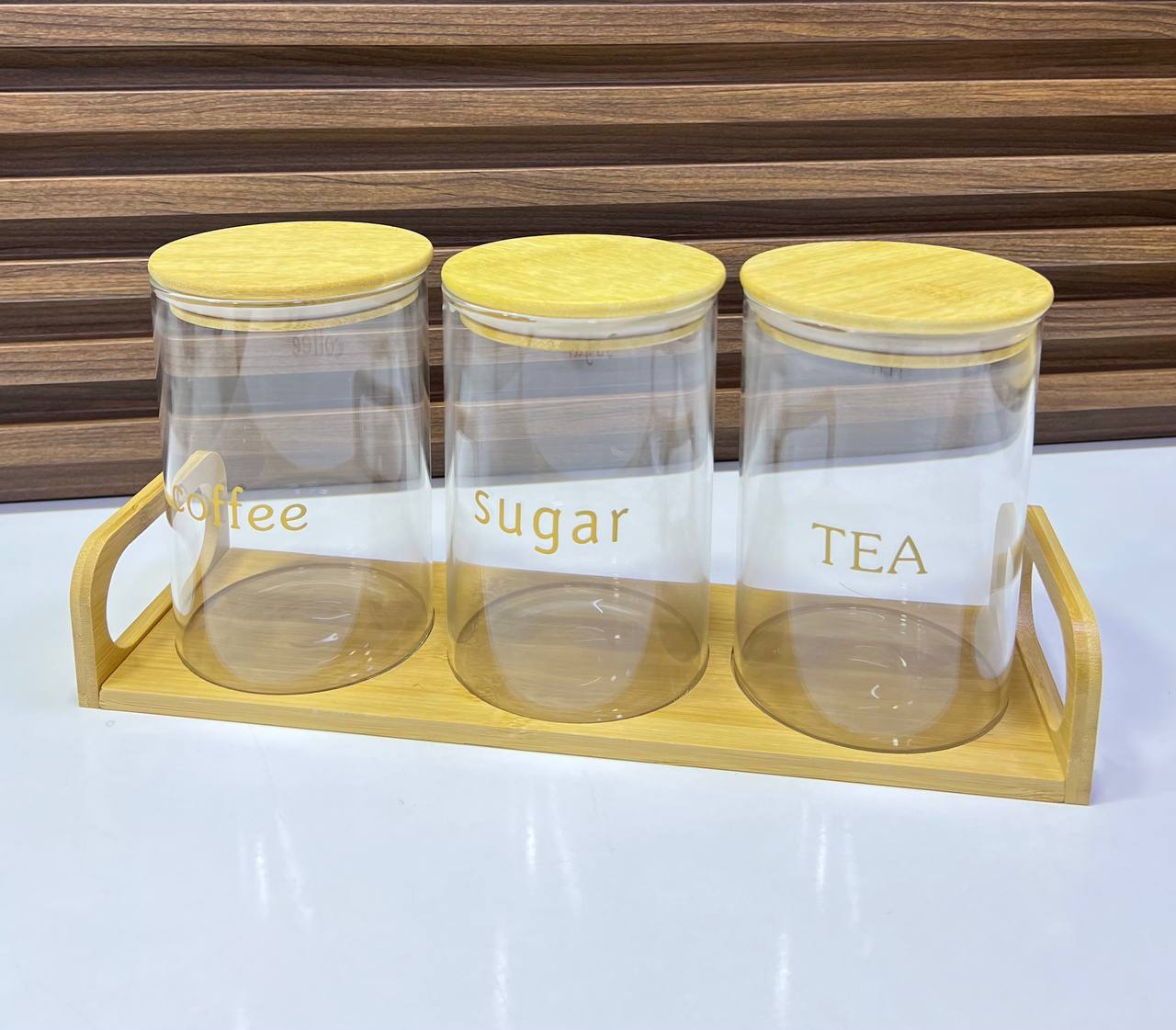 Ensemble Boîtes de Rangement Thé, Café et Sucre en Verre avec Support en Bambou