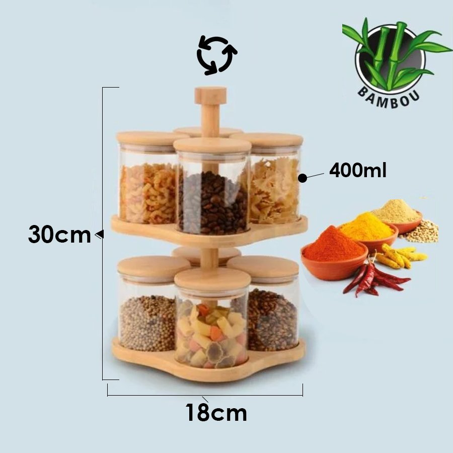 Ensemble de 8 Bocaux en Verre avec Support Rotatif en Bambou - Mahally.ma