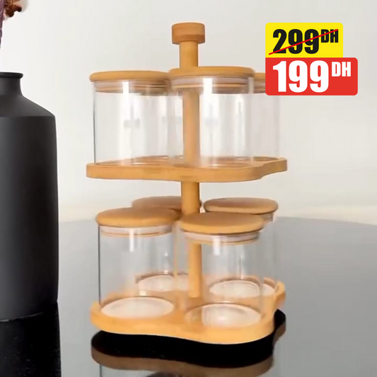 Ensemble de 8 Bocaux en Verre avec Support Rotatif en Bambou - Mahally.ma