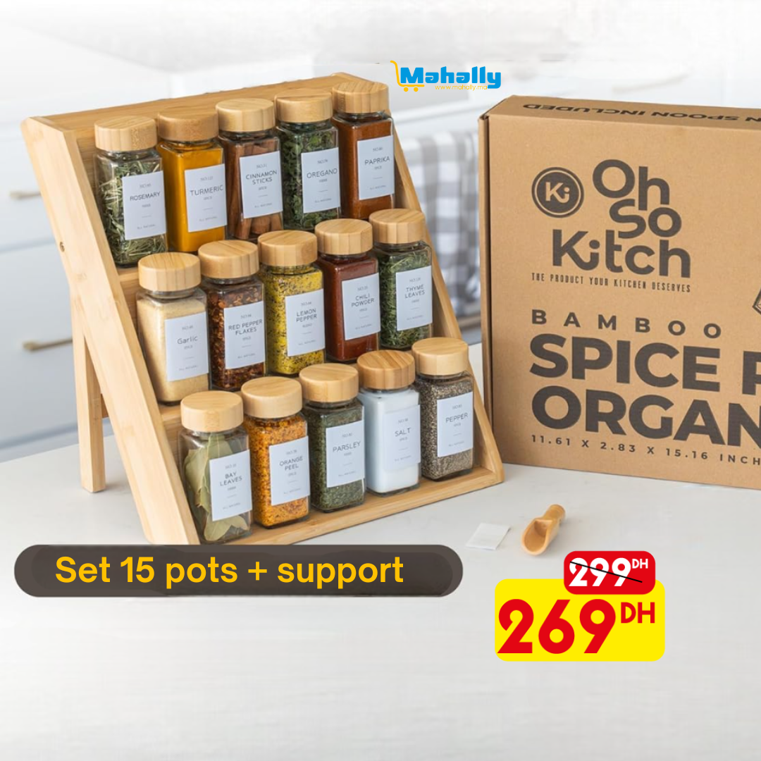 Ensemble de pots à épices avec couvercle en bambou et support - Mahally.ma