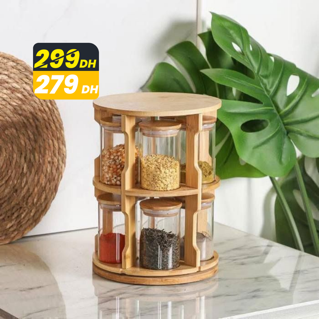 Étagère à Épices Rotative 360° en Bois – 10 Bocaux