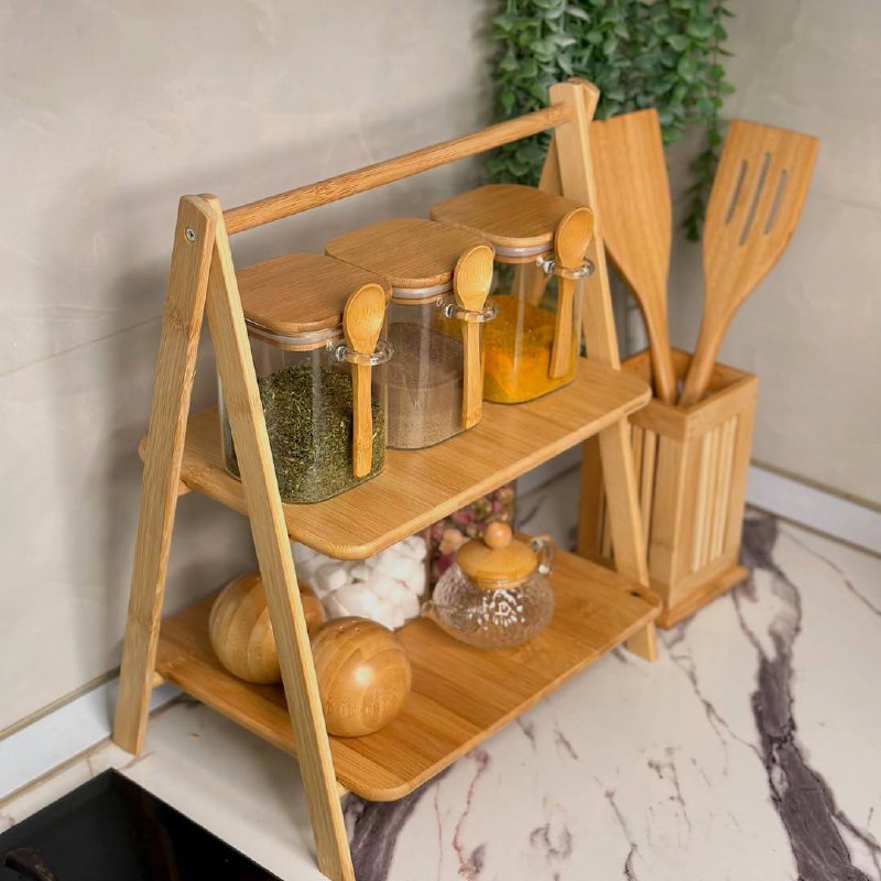 Étagère à Deux Niveaux en Bambou