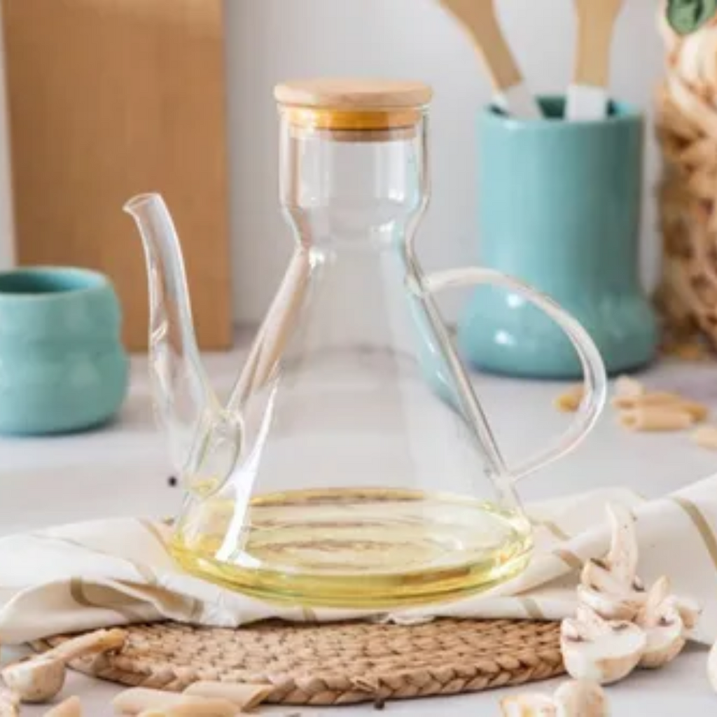 Huilier en borosilicate avec couvercle en bambou - Mahally.ma