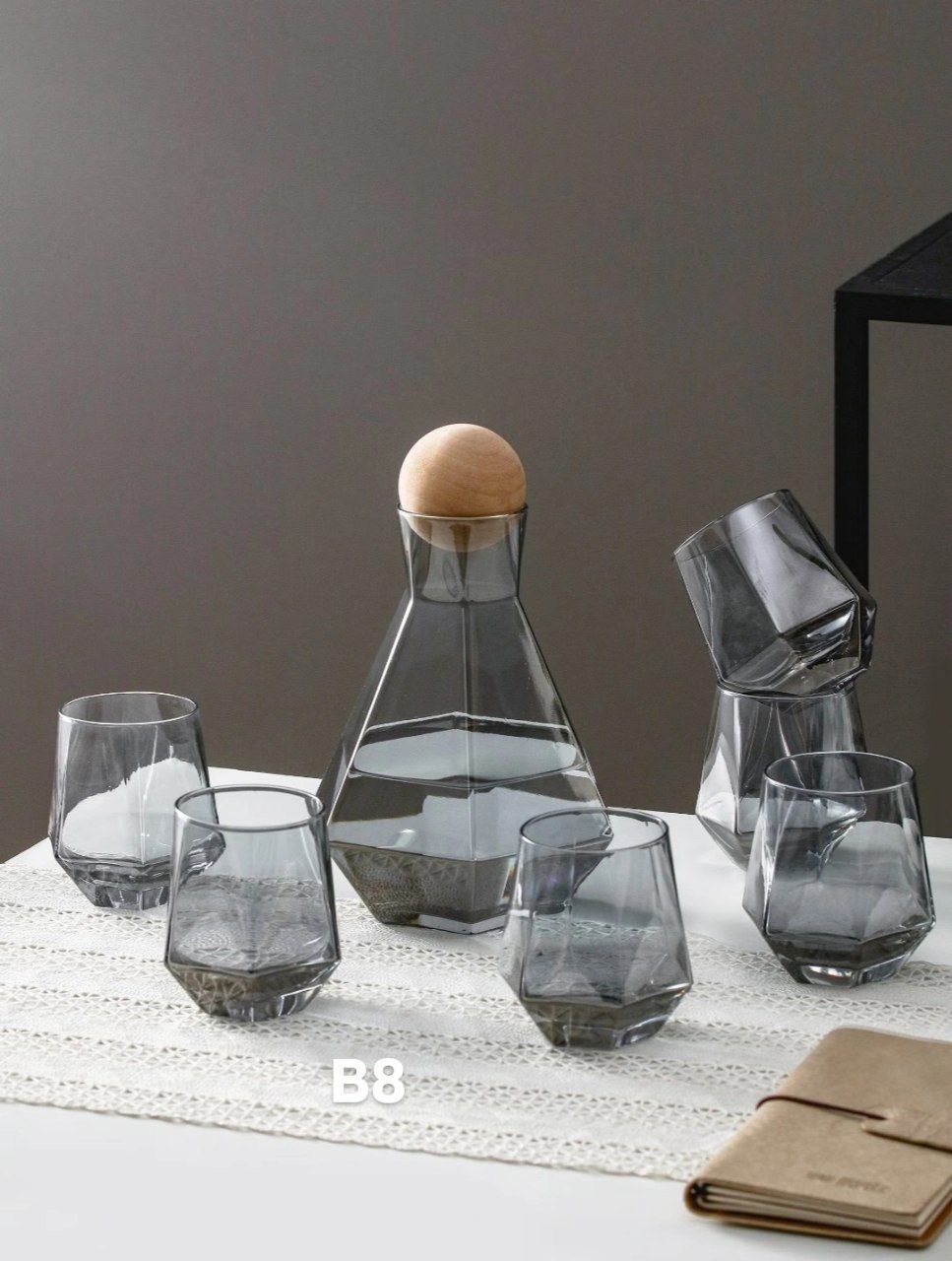 Ensemble de Carafe en Verre avec Couvercle en Bois - 7 Pièces - Mahally.ma