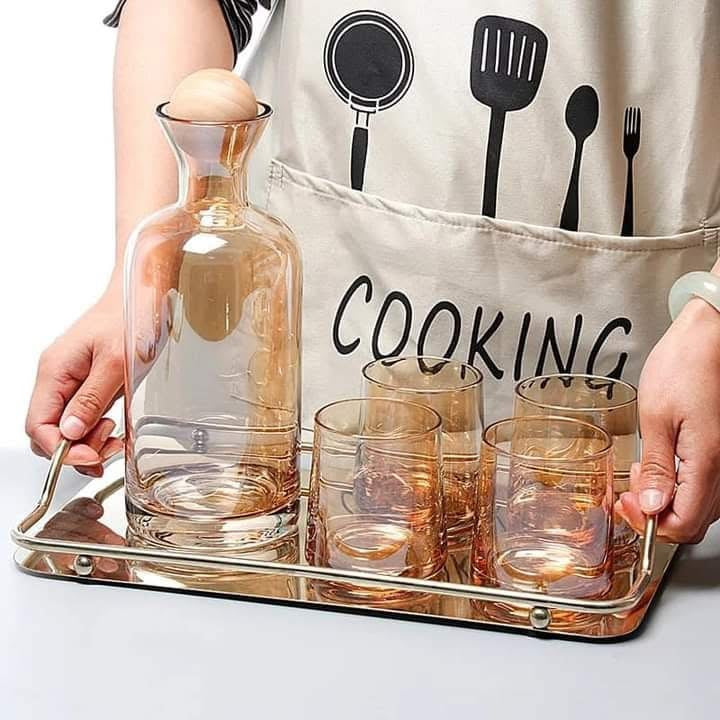 Ensemble de Carafe en Verre avec Couvercle en Bois - 7 Pièces - Mahally.ma