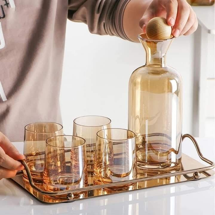 Ensemble de Carafe en Verre avec Couvercle en Bois - 7 Pièces - Mahally.ma