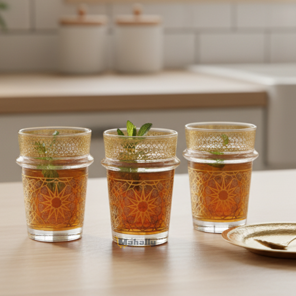 Lot de 12 verres à thé en verre transparent avec détails dorés élégants