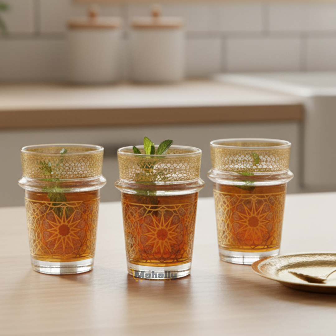 Lot de 12 verres à thé en verre transparent avec détails dorés élégants