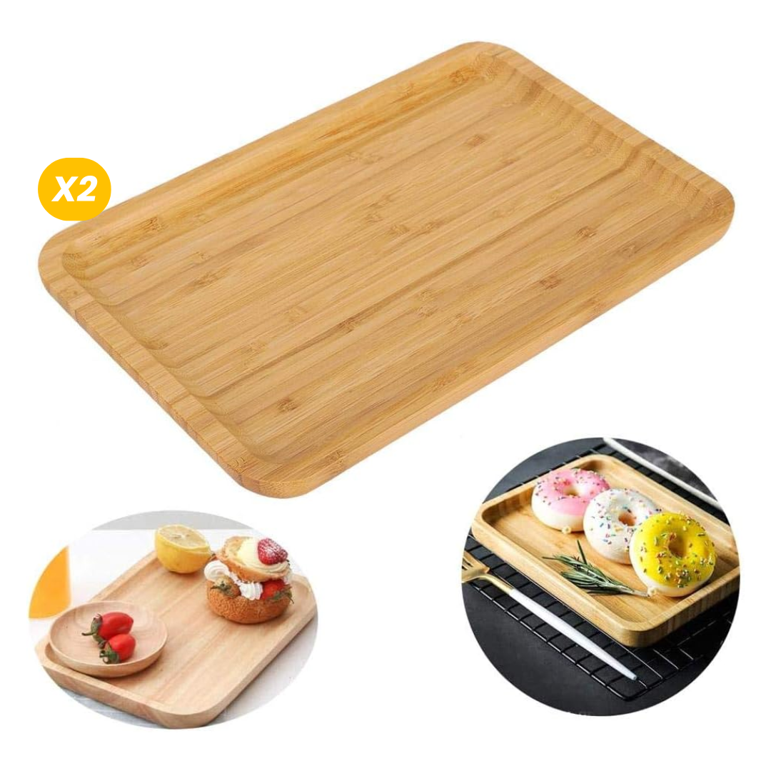 Lot de 2 Plateaux de Service Rectangulaires en Bambou